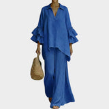 Catrin - Set aus Tunika mit Rüschenärmeln und Hose – Blau