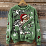 Elisabetta – Plüschpullover Mit Fauler Katze – Grün