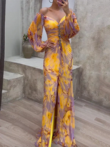 Luxuriöses Abendkleid mit Falten & Off-Shoulder für den Sommer – Gelb-Lila Print & Glitzer-Details – Gelb / Lila