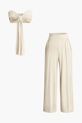 Lara | Elegantes Zweiteiler-Set mit Schleifen-Bandeau & Weitbein-Hose – Beige