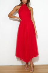 Elegantes Tüllkleid – Halterneck Midikleid mit A-Linie & Schleierkragen – Rot