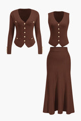Estelle | Strick-Set mit Blazer, Weste & Midirock – Kaffee