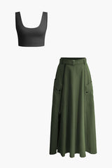 Asteria | Stilvolles Zweiteiler-Set mit Crop-Top & Maxirock – Armeegrün