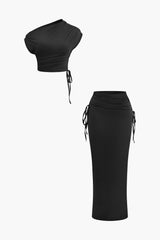 Melody | Asymmetrisches Zweiteiler-Set mit One-Shoulder Crop-Top & Maxi-Rock – Schwarz