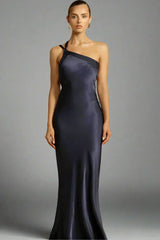 Maxine - Elegant one-shoulder dress with open back and sloped neckline – Blau