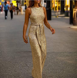 Verführerischer Jumpsuit mit Glitzer, offenen Schultern und Rücken – Gold