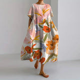VALENTINA | Sommerliches Blumenmuster-Kleid mit schmeichelhaftem Schnitt und Bewegungsfreiheit – Orange (Fast ausverkauft)