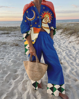 Claudette | Damen Langarm Shirt Weite Hose Set – Blau