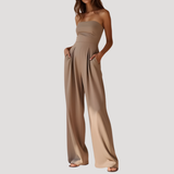 Cordelia | Damen Trägerloser Wide Leg Jumpsuit – Beige