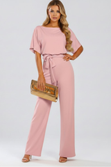 Cordula | Damen Rundhals Jumpsuit mit weiten Beinen – Rosa