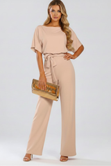 Cordula | Damen Rundhals Jumpsuit mit weiten Beinen – Beige