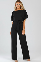 Cordula | Damen Rundhals Jumpsuit mit weiten Beinen – Schwarz
