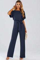 Cordula | Damen Rundhals Jumpsuit mit weiten Beinen – Marine Blau