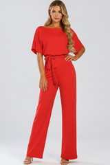 Cordula | Damen Rundhals Jumpsuit mit weiten Beinen – Rot