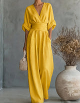 Xylora - Hochwertiger weitbeiniger Jumpsuit mit V-Ausschnitt – Gelb