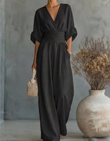 Xylora - Hochwertiger weitbeiniger Jumpsuit mit V-Ausschnitt – Schwarz