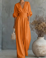 Xylora - Hochwertiger weitbeiniger Jumpsuit mit V-Ausschnitt – Orange