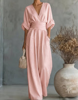 Xylora - Hochwertiger weitbeiniger Jumpsuit mit V-Ausschnitt – Hellrosa