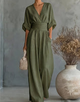 Xylora - Hochwertiger weitbeiniger Jumpsuit mit V-Ausschnitt – Grün