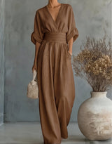 Xylora - Hochwertiger weitbeiniger Jumpsuit mit V-Ausschnitt – Braun