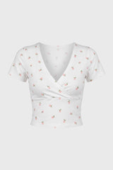 Crop Top Damen - Wickel Stil | V-Ausschnitt mit kurzen Ärmeln – Blumen Weiß