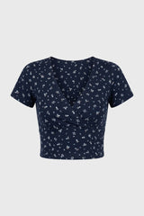 Crop Top Damen - Wickel Stil | V-Ausschnitt mit kurzen Ärmeln – Blumen Marine