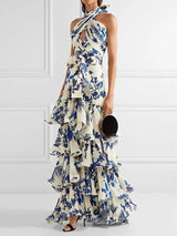 Renata - Maxi-Strandkleid mit Rüschen und Crossover-Design – Blau