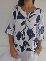 Despoina – Elegantes Oberteil Mit Blumen Muster Und Knöpfen – Weiß