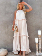 Boho Maxikleid mit Volants & Neckholder-Ausschnitt – Sommerlich & Feminin – Beige