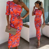 Isabella - Geblümtes Bodycon-Kleid mit einer Schulter – Orange