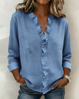 Brinae - Bluse mit weicher Haptik und langen Rüschenbesätzen am V-Ausschnitt – Blau