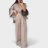 Jacqueline - Lässiges V-Ausschnitt Oberteil mit passender Hose – Beige