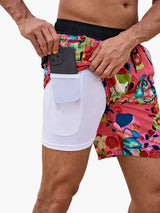 Herren-Badeshorts mit Kompressions- und schnell trocknendem Stoff – Purpurrote Blätter