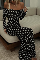 Élodie – Schickes Maxikleid mit Polka-Dot-Print und schulterfreiem Design – Schwarz