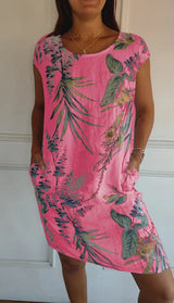 Damen Baumwolle Leinen Bedrucktes Sommerkleid mit Taschen – Rosa