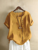Cotton Loose Kurzärmeliges Leinen-Top – Gelb
