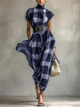 Nethara - Elegantes Herbst Kleid Mit Gürtel – Blau