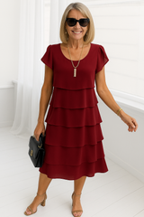 Damen Midi-Kleid mit kurzen Ärmeln in Schichten – Dunkelrot