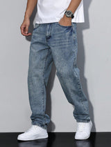 Herren Lässige Relaxed Fit Jeans – Blau gewaschen