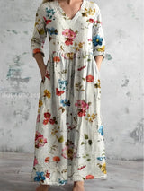 Retro V-Neck Maxi Dress with Floral Rose Pattern for Women – Weiß