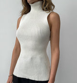 Damen ärmelloser Pullover mit Stehkragen und geradem Saum – Cremeweiß