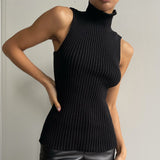 Damen ärmelloser Pullover mit Stehkragen und geradem Saum – Schwarz