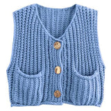 Damen Ärmellose Strickjacken mit V Ausschnitt und Knopfleiste – Blau