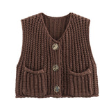 Damen Ärmellose Strickjacken mit V Ausschnitt und Knopfleiste – Braun