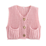 Damen Ärmellose Strickjacken mit V Ausschnitt und Knopfleiste – Rosa