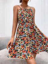 Damen Ärmelloses Blumenkleid mit Spaghettiträgern und gerafftem Dekolleté – Orange mit Blumenmuster