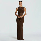 Damen Ärmelloses Maxi-Kleid mit Bootsausschnitt und transparentem Mesh-Einsatz mit drapiertem Hüftbereich – Braun
