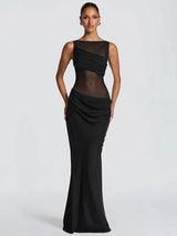 Damen Ärmelloses Maxi-Kleid mit Bootsausschnitt und transparentem Mesh-Einsatz mit drapiertem Hüftbereich – Schwarz