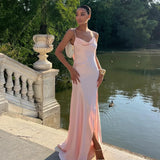 Damen Ärmelloses Maxi-Kleid mit Cowl-Ausschnitt und Spaghettiträgern mit Seitenschlitz – Rosa