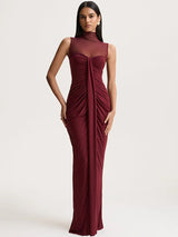 Damen Ärmelloses Maxi-Kleid mit hohem Ausschnitt und transparentem Mesh-Einsatz mit Raffungen an der Vorderseite – Burgunderrot